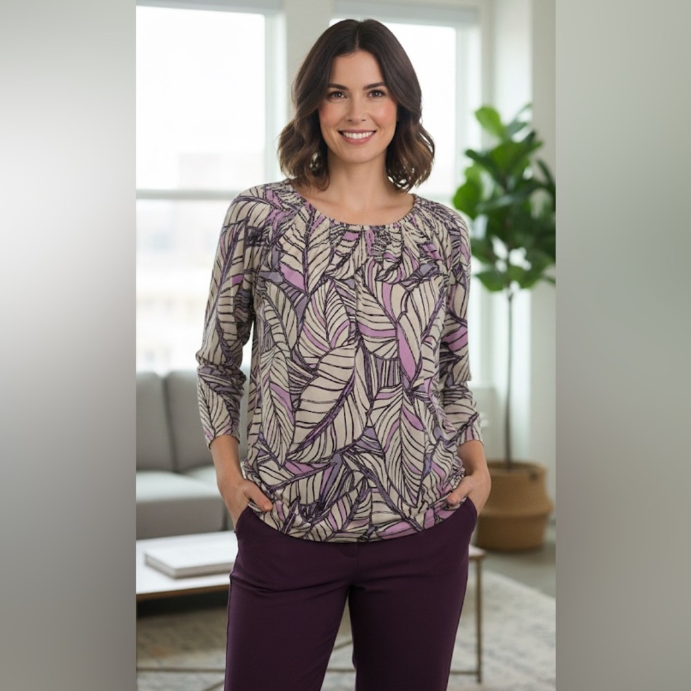 Susan Graver Liquid Knit 3/4 Sleeve Smock Neck Top – Size 1X, Purple
